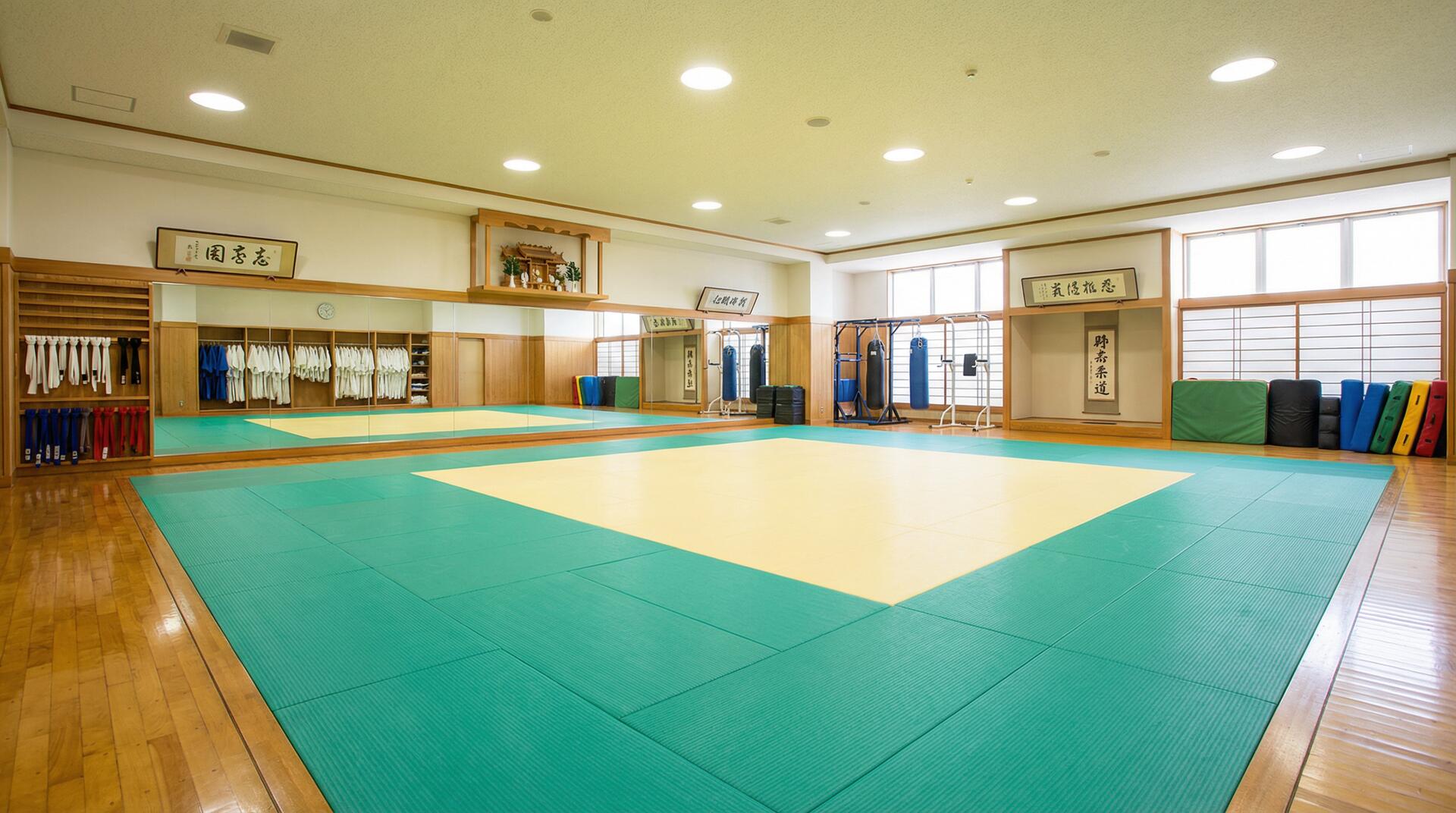 Interior do dojo da Academia Kaminari com tatami e equipamentos de treinamento