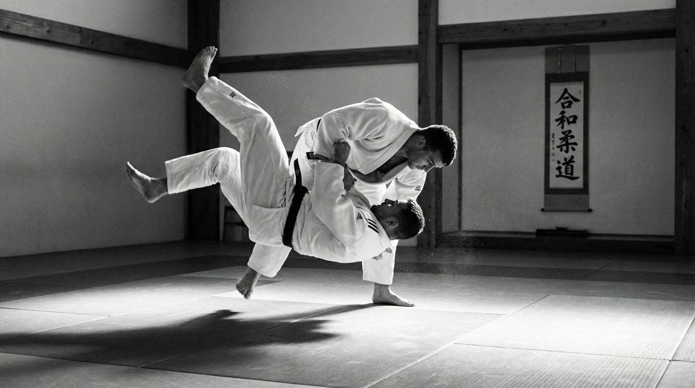 Treino de judô com técnica de arremesso na Academia Kaminari em Curitiba