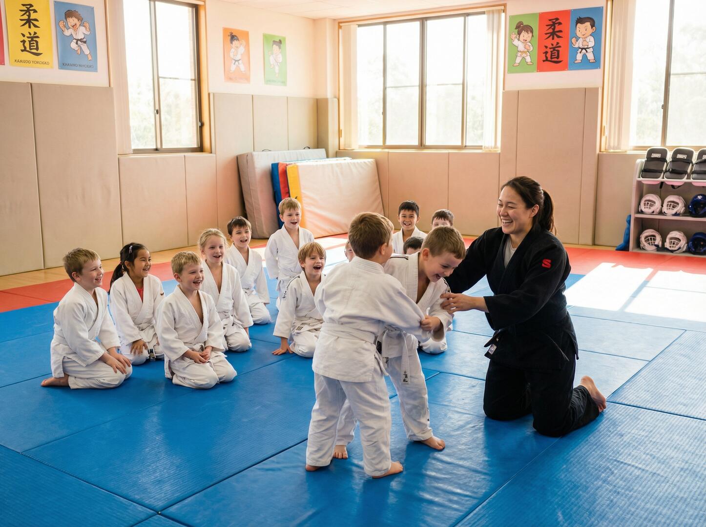 Crianças praticando judô infantil com instrutor na Academia Kaminari